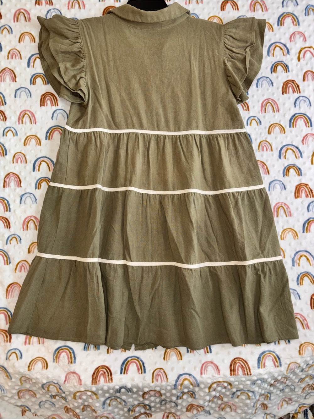 She + Sky Olive Green Tiered Button-Front Dress with White Trim - Picture 4 of 5